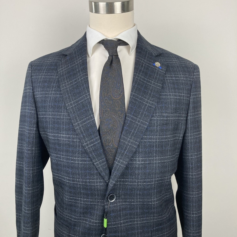 Tom Baine Mens Slim fit Sport Coat Blazer 44L Grey Plaid Stretch - Picture 3 of 11
